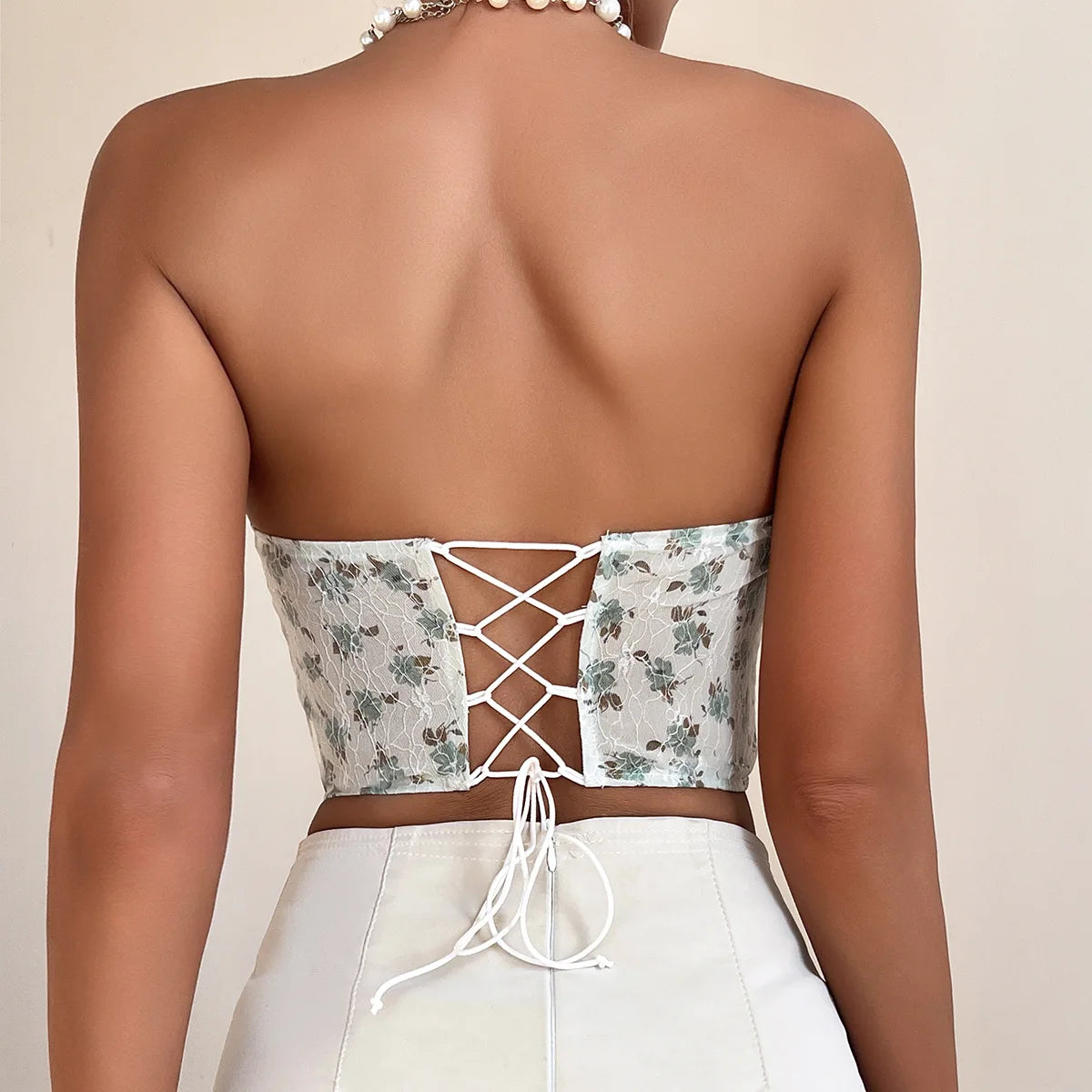 Yimunancy Floral Print Boho Top Women Strapless Top Backless Summer Crop Top