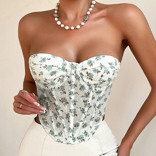 Yimunancy Floral Print Boho Top Women Strapless Top Backless Summer Crop Top